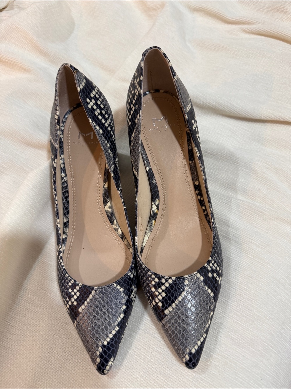 Marc Fisher Pointed Toe Snake-Print Pumps in Black and Cream
